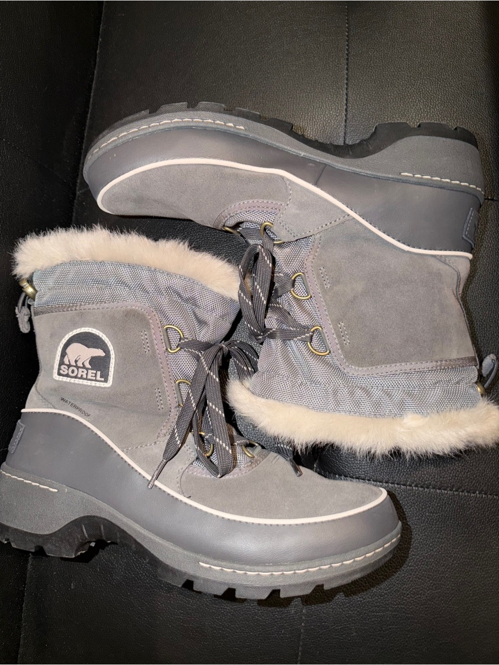 Sorel Women's Gray Lace-Up Waterproof Winter Boots with Faux Fur Cuff